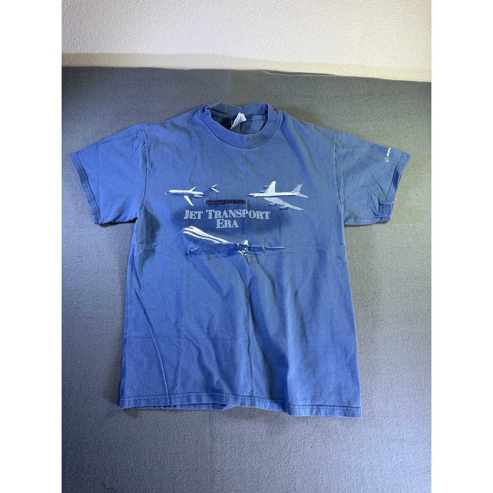 Hanes Shirt Mens Medium Blue Boeing Jet Transport Era Airplane Graphic Tee‎